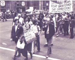 An iconic moment in LGBT history...PFLAG founder Jeanne Manford marches alongside her gay son in the 1972 Christopher Street Liberation Day Parade